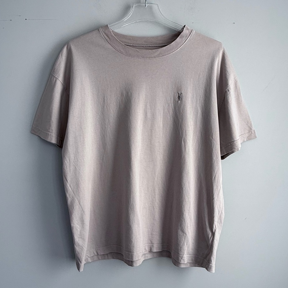 All Saints Kole SS Crew Oversized Ramskull Logo Tee Men's L 100% Cotton Beige - Picture 6 of 12